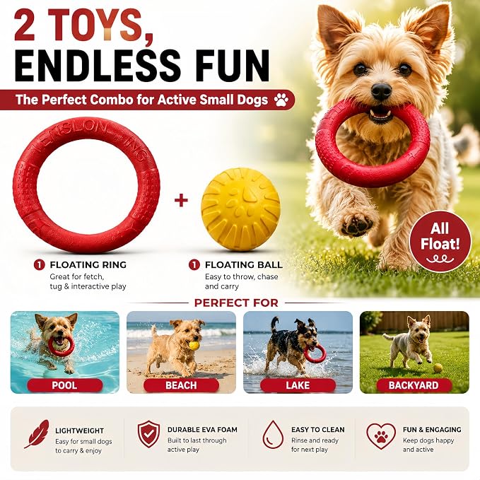 Floating Ring & Ball Combo Set, 2 Pack EVA Water Fetch Toys for Dogs, Durable Chew Tug Toy for Small Medium Large Dogs, Pool Beach Interactive Play (Red, Small)