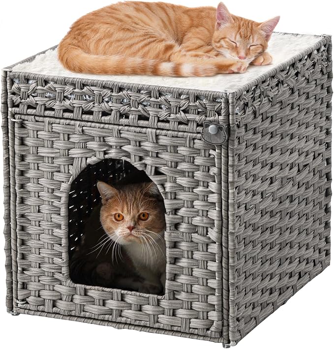 SETVSON Cat Beds for Indoor Cats Extra Large Double Cat Cave Pet Cube, Handwoven Rattan Cat Houses with Double-Sided Soft Cushions, 18.5 x 20.5 x 19.1 Inches Foldable Hideaway in Living Room Gray