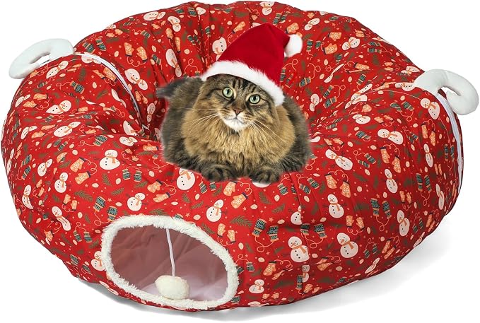 Cat Tunnel Bed in 3FT x 3FT x 9.8IN - Decorative Christmas Style with Snowman and Glove Patterns - Red Color Perfect for Festive Felines