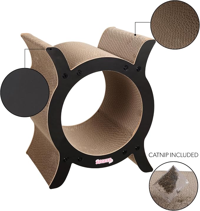 Nyan 16.5" Modern Cardboard Tunnel Cat Scratcher House with Catnip, Corrugated Indoor Cat Hideaway Den, Solid Black Scratching Surface for All Cats CSR1007J
