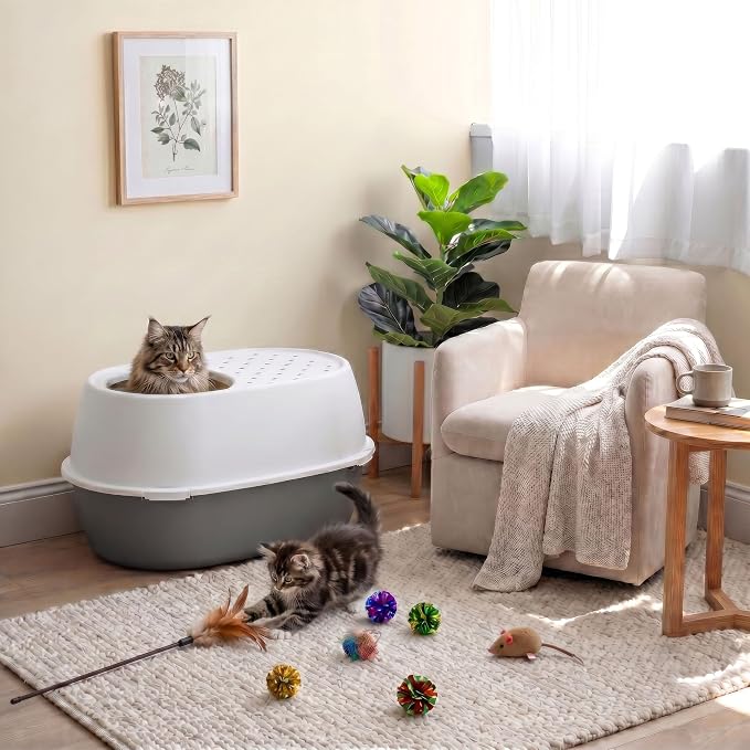 IRIS USA Extra Large Litter Box with Lid, Top Entry, Jumbo Enclosed Covered Litter Box for Large Cats, 19" L x 29" W x 15" H, Dog-Proof 4-Buckle Design, Reduced Tracking Lid, Gray/White