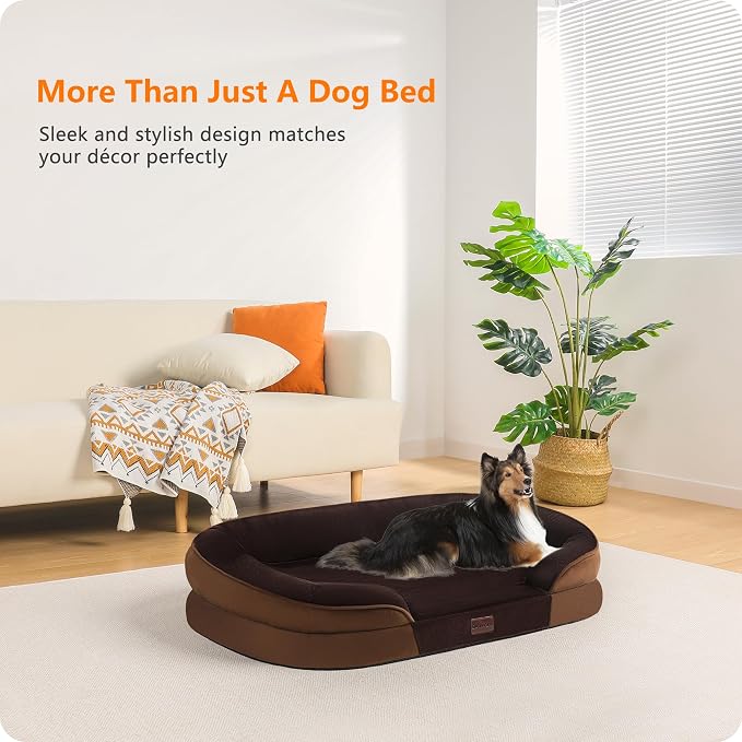 Dwanton Orthopedic Dog Bed for Large Dogs with Gel Memory Foam, Waterproof Dog Sofa, Washable Pet Bed with Four Sided Bolster Cushion, Removable Cover & Non-Slip Bottom, 38", Brown