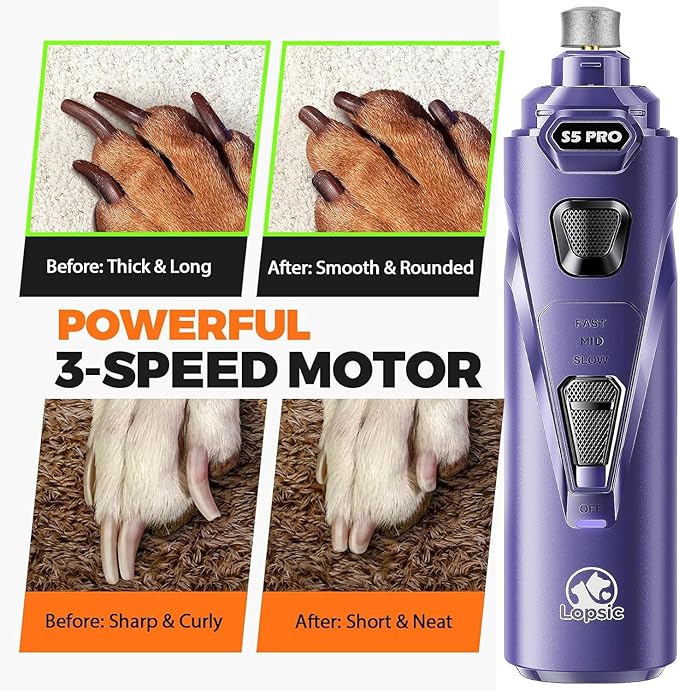 Whisper Quiet Dog Nail Grinder with 4 LED Lights, Safe & Stress-Free for Sensitive Dogs Cats of All Breeds & Sizes, 3 Grinding Bits, 3-Speed, Pet Nail Trimmers, Rechargeable Painless Grooming Kit Blue