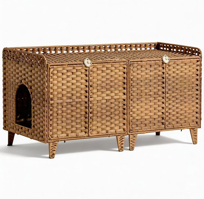 Cat Litter Box Enclosure Furniture, Handwoven Rattan Cat Houses, Hidden Cat Washroom Furniture with Door/Mat, Large Space Cat Houses with S-Shaped Hooks, Living Room, Bedroom, Natural