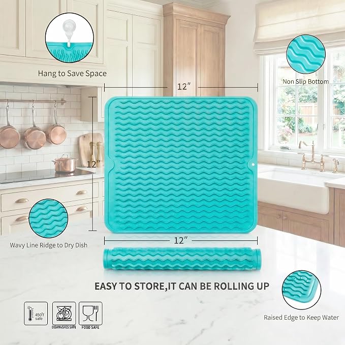 MicoYang Silicone Dish Drying Mat for Multiple Usage,Easy clean,Eco-friendly,Heat-resistant Silicone Mat for Kitchen Counter or Sink,Refrigerator or Drawer liner Mint M 12 inches x 12 inches