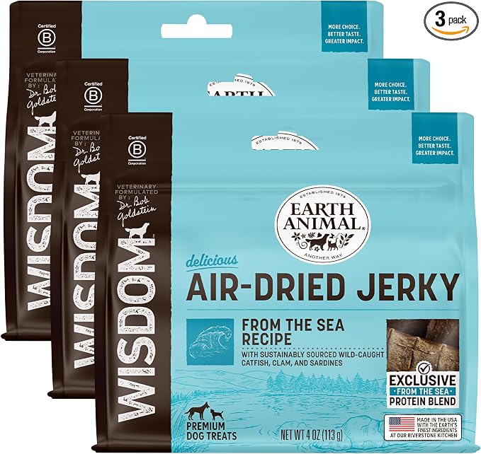 Earth Animal Wisdom Air Dried Jerky - From the Sea Recipe Premium Natural Fish Jerky Strips Dog Treats - 3 Pack 4 oz Bag