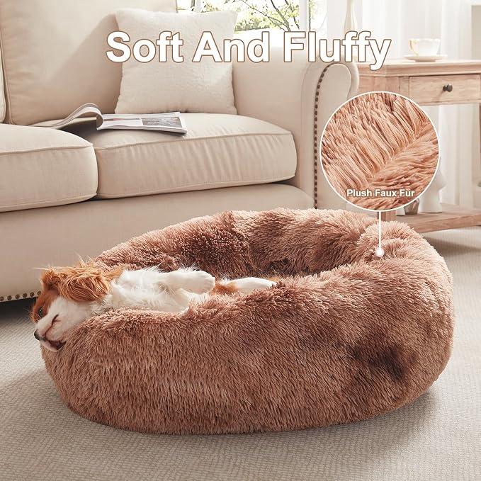 30 inches Donut Dog Bed for Medium Dogs,Calming Fluffy Round Pet Bed with Removable & Washable Cover,Fits up to 45 lbs Pets(Tie-dye Brown,Medium)