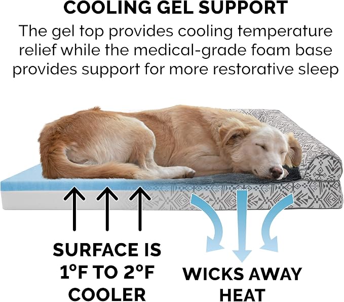 Furhaven Cooling Gel Dog Bed for Medium/Small Dogs w/ Removable Bolsters & Washable Cover, For Dogs Up to 35 lbs - Plush & Southwest Kilim Woven Decor Sofa - Boulder Gray, Medium