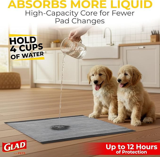 Glad for Pets Black Charcoal Puppy Pads 23x23 Inch 6-Layer Leak-Resistant Activated Carbon Odor Control Pheromone Attractant 14 Count