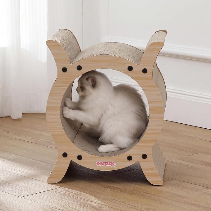 Nyan 16.5" Modern Cardboard Tunnel Cat Scratcher House with Catnip, Corrugated Indoor Cat Hideaway Den, Oak Wood Pattern Scratching Surface for All Cats CSR1007I