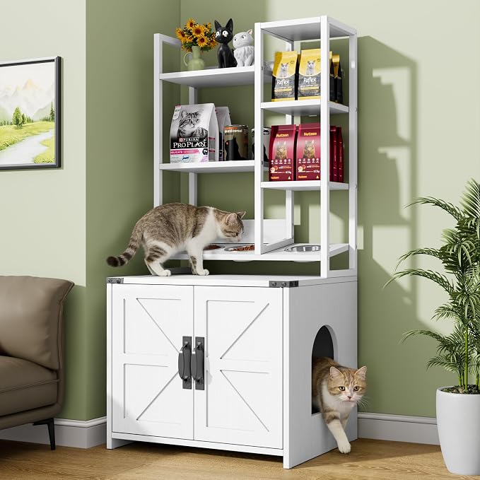 Kepptory Wooden Cat Litter Box Enclosure Furniture with Open Storage Shelves, Hidden Kitty Litter Box Cabinet Side Entrance, Multi-Purpose Cat House Cat Feeder Stand for Indoor Cats, White