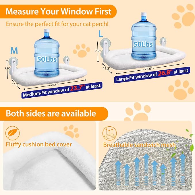 L&W BROS. 2PC Cat Window Perch Cushion Bed Cat Hammock with 4 Updated Suction Cups Easy to Assemble Window Bed for Heavy Large Cats (M White)