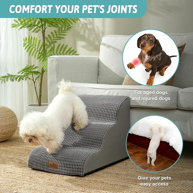 COZY KISS Dog Stairs for Small Dogs 15.7" H, Curved Dog Step for Puppy, Older Cat, Medium Pet Ramp for Sofa, Couch or Chair, Ladder with High Density Foam, 3 Step, 15.7x22.4x15.7 inch, Dark Grey