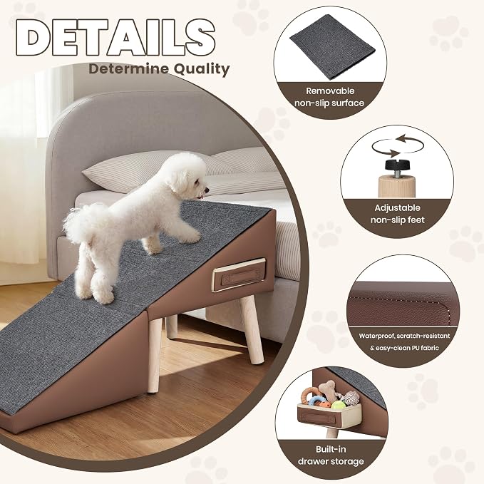 Dog Ramp for Couch and Bed, 17" H Stairs for Small to Medium Dogs and Cats Foldable Steps for Pets to Get on High Bed, Non-Slip Sturdy Ottoman Ramp with Storage Drawer, Brown