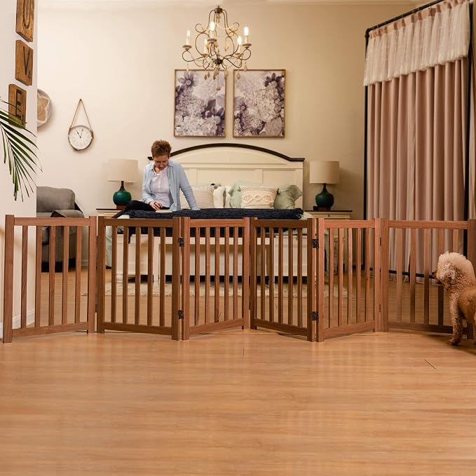LZRS 6-Panel Extra-Wide Freestanding Wooden Dog Gate Indoor – 24”High Foldable Safety Pet Barrier for Doorways, Hallways, Kitchens, and Long Staircases, Durable Design fit Small to Medium Dogs, Oak