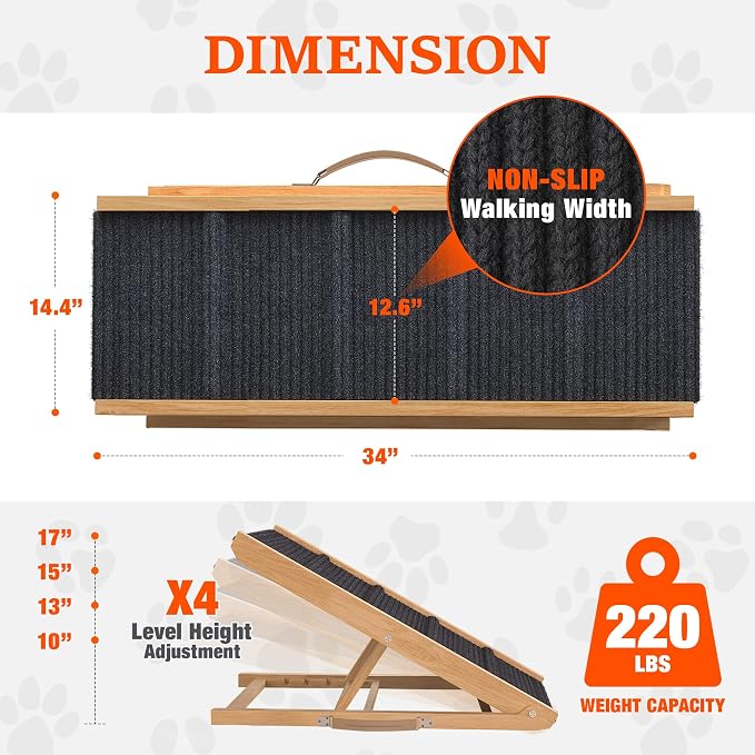 Adjustable Dog Ramp for Bed - 34" Long Foldable Wooden Ramp for Dogs to Get on Bed, Couch, or Car with 12.6" Wide Walking Space (Natural Wood with Gray Carpet)