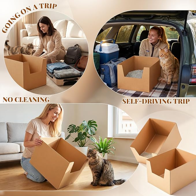 Lounsweer 4 Pack XXL Extra Large Disposable Cat Litter Box, 19 x 15 x 11.75 in Deep High-Sided, Self-Adhesive Leakproof Recyclable Cardboard Litter Box for Large Cats Moving Travel Short-Term Use