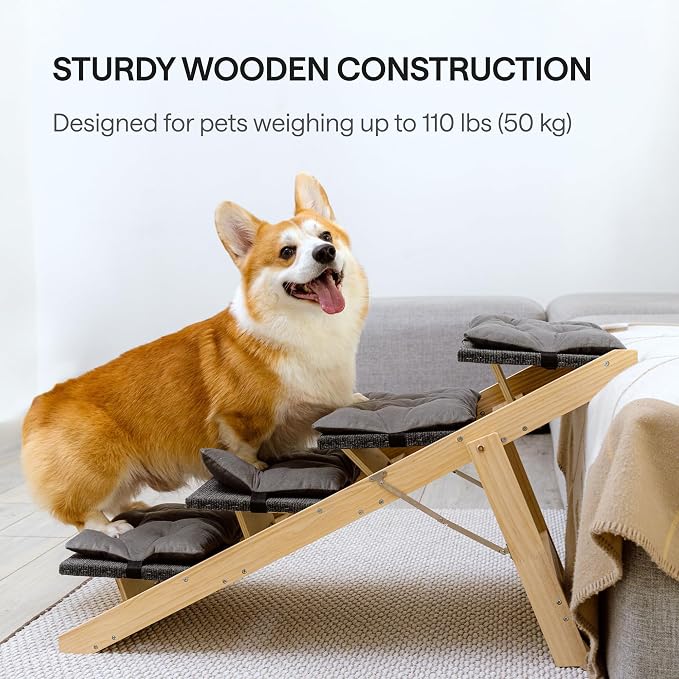 Folding Dog Ramp for Bed and Car - Transforms into Step Dog Stairs for Small, Medium, Large Breeds - Wooden Pet Stairs for Dogs to Get on Bed - Folding Pet Steps for Indoor & Outdoor Use
