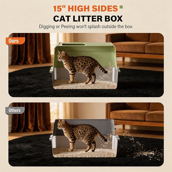 Extra Large Enclosed Stainless Steel Litter Box with Lid，Side Entry Top Exit High Sided Metal Cat Litter Pan，Non-Stick Easy Cleaning Anti-Urine Leakage for Big Cats，Includes Scoop & Step, Green