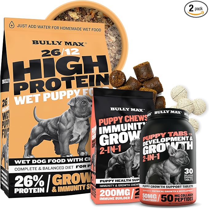 Bully Max Wet Puppy Food (2lbs. Dry Makes 5.5 lbs. Wet Food) Puppy Chews for Immunity & Growth and Puppy Vitamins (30 tabs) for Development & Digestive Support Bundle for Small, Large Breed Puppies