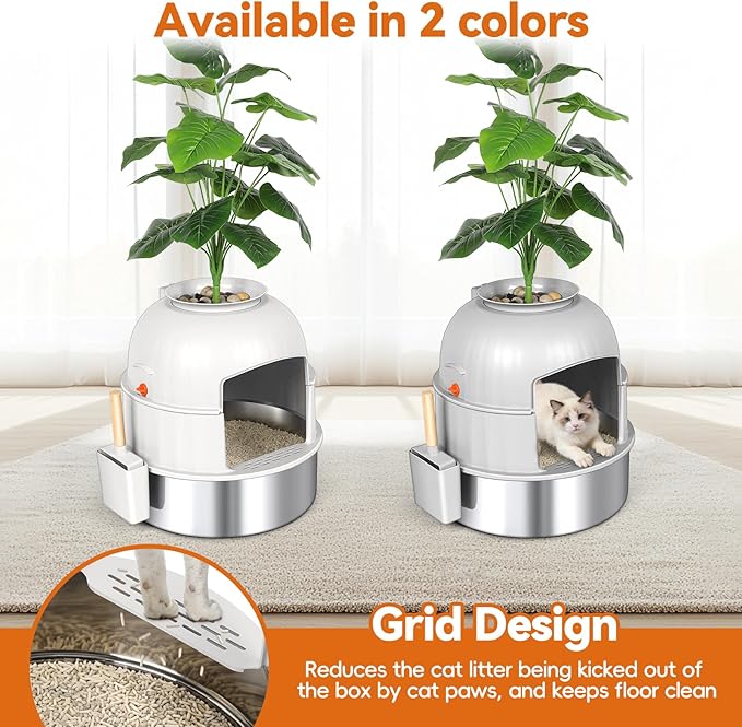 Hidden Cat Litter Box Enclosure with Artificial Plant, Stainless Steel Litter Box Furniture, Decorative Round Planter Includes Scoop, Pebbles, Carbon Filter, Easy to Clean (Beige)