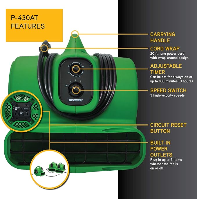XPOWER P-430AT Pro 1/3 HP 2000 CFM Centrifugal Air Mover, Carpet Dryer, Floor Fan, Blower, Daisy Chain, for Water Damage Restoration, Janitorial, Plumbing, Home Use