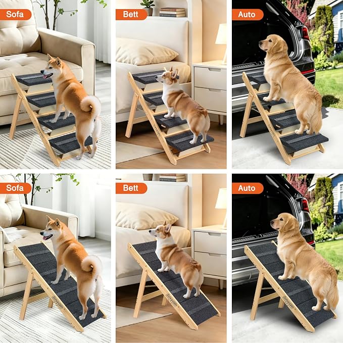 Wooden Dog Stairs& Dog Steps, 2-in-1 Foldable Dog Steps for High Beds, Couch and Cars, Anti-Slip Pet Ramp with 4 Steps Indoor Pet Stairs for Small Medium Large Older Pet Cats up to 150lbs