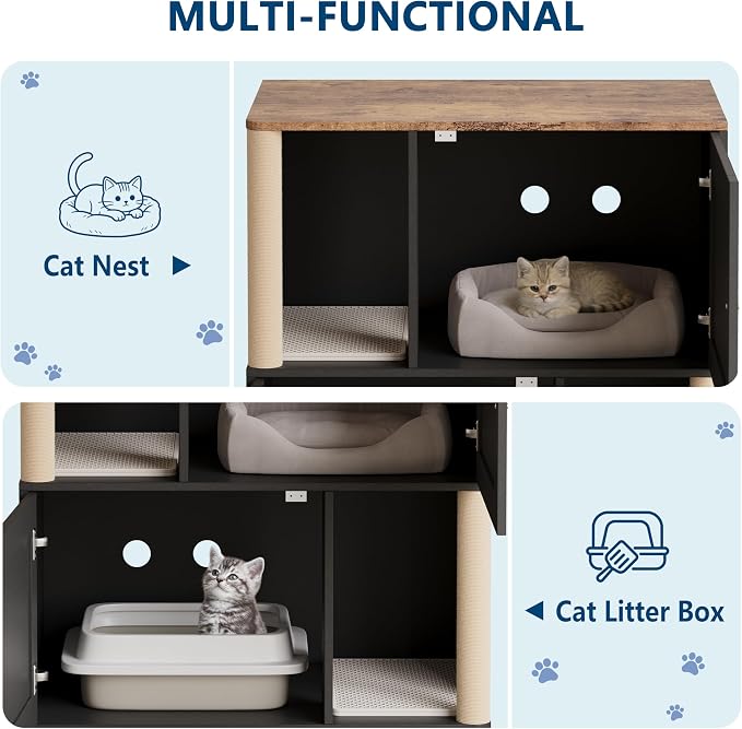 Cat Litter Box Enclosure, Two-Story Wooden Hidden Litter Box Furniture with Scratching Post, Multi-Level Cat Washroom Cabinet for 2 Cats, Reinforced Wood Frame & Ventilated Design for Small Apartment