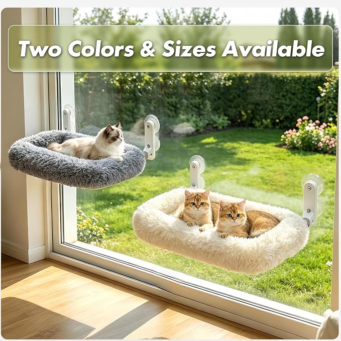 Zoratoo Cloud-Snuggle Cat Window Perch with 4-Sided Ultra-Thick & Fluffy Plush Cushion Bed, Foldable Cordless Cat Window Hammock for Window with Sturdy Metal Frame for Large Cats and Kittens (L,White)