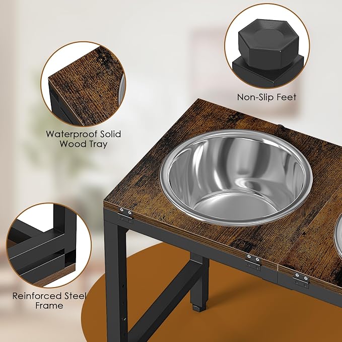 Elevated Dog Bowls Stand for Large Dogs - Triple Bowl Feeding Station, Adjustable Height 15-20.5in, Tilt Stainless Steel Bowls & Wood Tray, Large Dog Feeder 3500ML x3