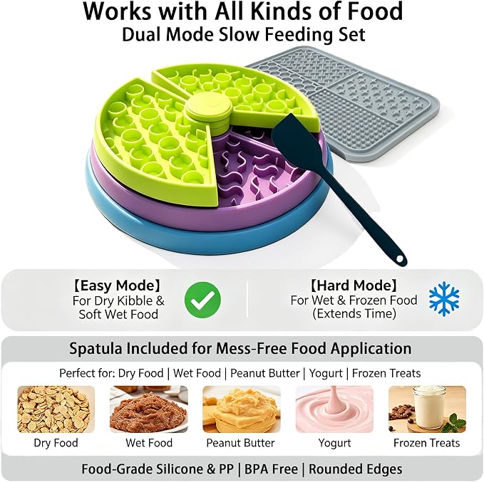 3-Level Slow Feeder Dog Bowl, Rotating Maze + Calming Lick Mat | 2-in-1: slow feeder slows 10x, reduces boredom; calming lick mat sticks to wall for alone/travel. With spatula/brush,BPA-free