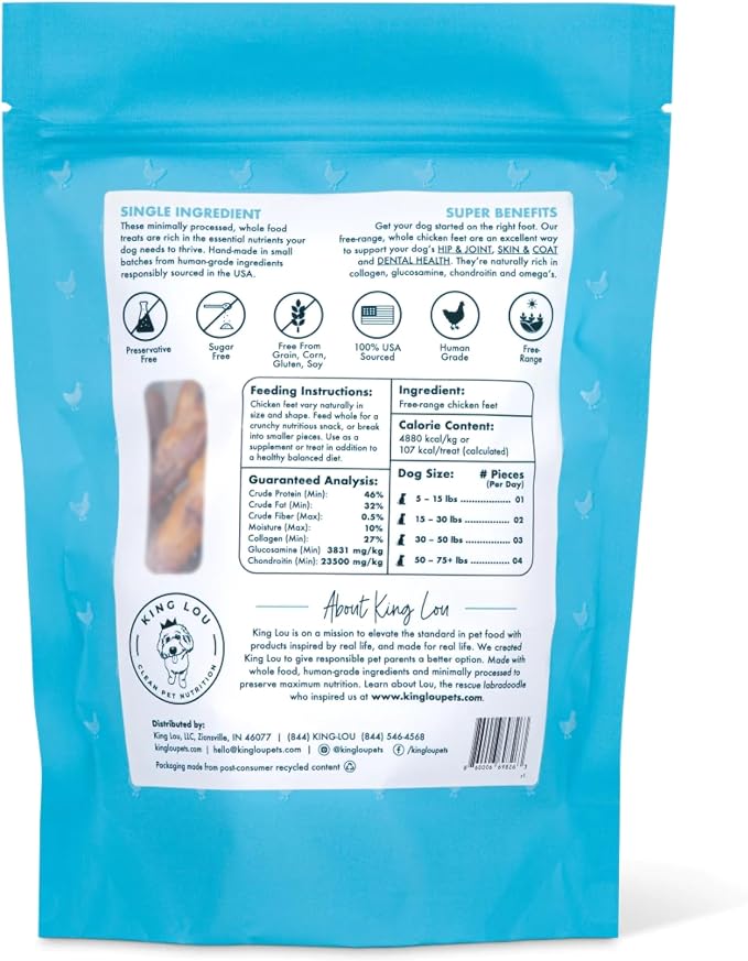 King Lou Pets Whole Chicken Feet for Dogs, Single-Ingredient USA-Made Dehydrated Chicken Treats, Human-Grade Crunchy Dental Chews for Dogs Hip & Joint Support, 10 Count