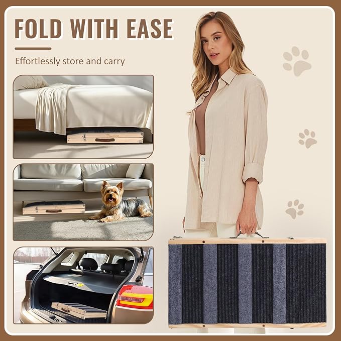 Pawaboo Dog Ramp for Small Dog, 57'' Foldable Dog Ramp for Bed, 5 Adjustable Height from 19.7'' to 30'', Portable Stable Pet Steps with Dogs Tag & Safety Side Rails, Pet Ramps for Bed Couch