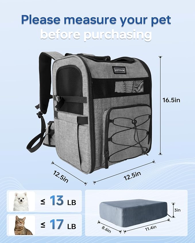 Hiking Dog Carrier Backpack, Padded Height-Enhancing Design, Adjustable Waist Cushioning Belt with Breathable Padded Back Support, Dog Carrier Backpack for Small Dogs Max 13LB Grey with Pad