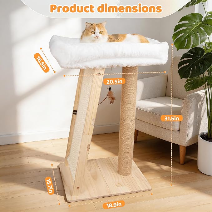 31.5" Cat Scratching Post, 3-in-1 Multifunctional Natural Pine Wood Cat Furniture, Tall Scratch Posts with Perch&Scratcher, Boxed with Hanging Bell Toy, Large