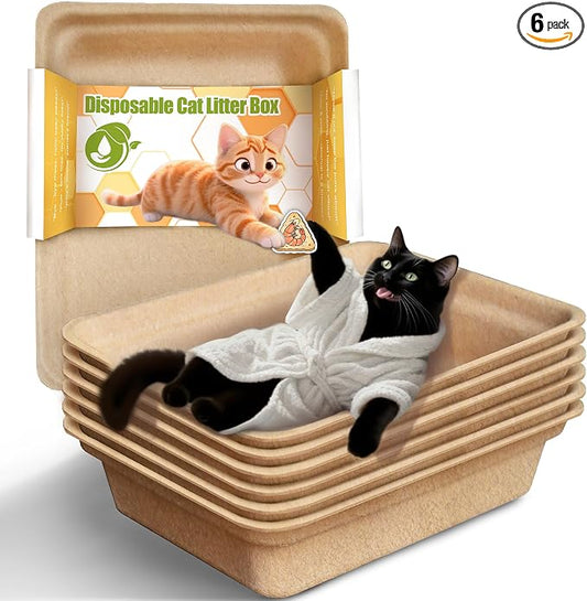 Disposable Litter Boxes for Cats Leak-Proof: 6-Pack Odor Control Sustainable Large Kitty Tray for Travel/Indoor Use