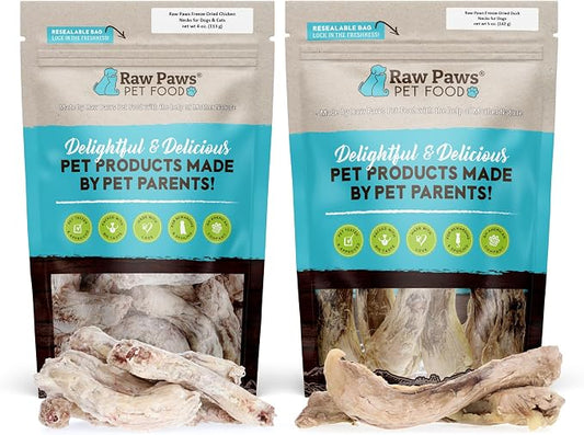 Raw Paws Freeze Dried Necks Bundle - Duck & Chicken Necks for Dogs & Cats, 9 oz - Made in USA - Single Ingredient Chews