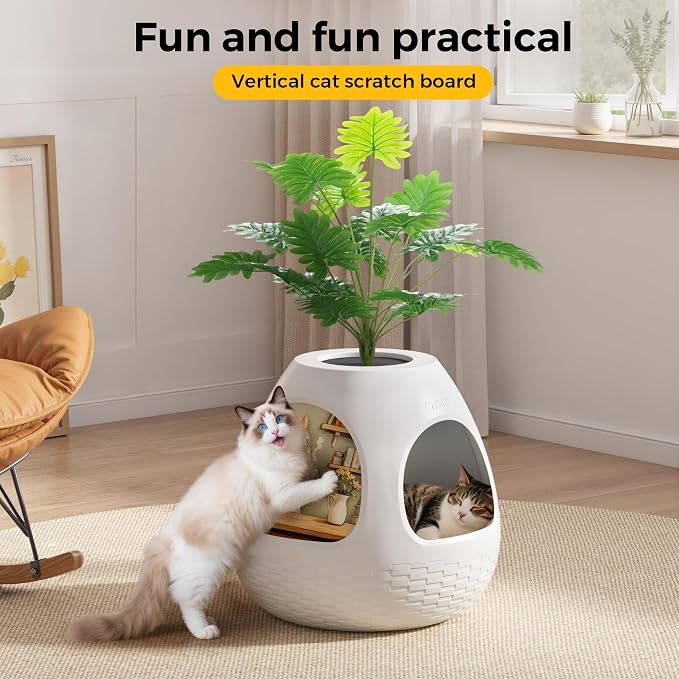 Eggloa6 Hidden Cat Litter Box Plant with 4 Litter Box Liners, Cat Litter Mat, 4 Odor Filter Artificial Plant Litter Box Enclosure Large DIY Litter Box Furniture for Cat Kitty Bunny (Snow White)