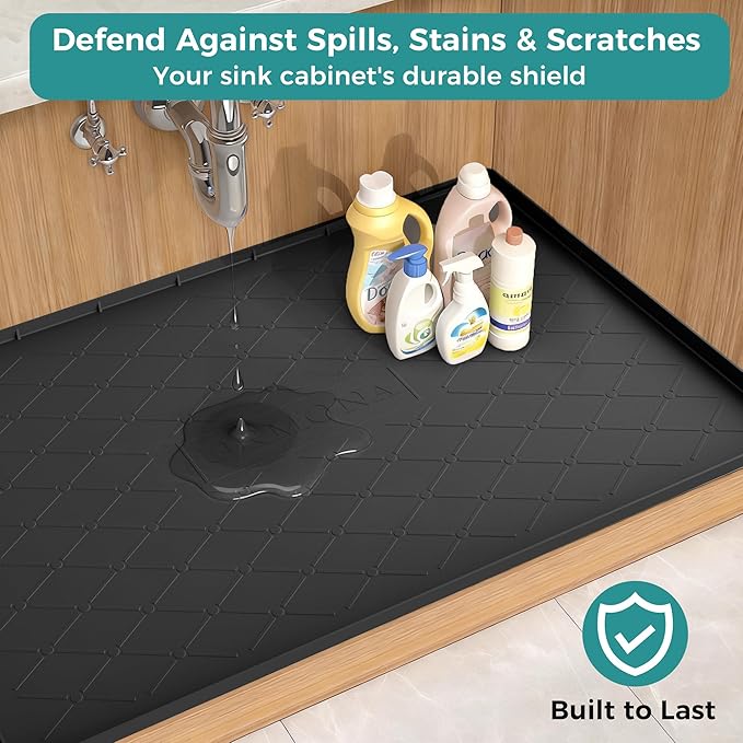 URMONA 25" x 19" Waterproof Silicone Mat in Multiple Sizes & Colors, Under Sink Mat for Kitchen & Bathroom, Pet Food Pad for Dogs & Cats, Kitchen Cabinet Liner, Multi-Purpose for Storage(Black)