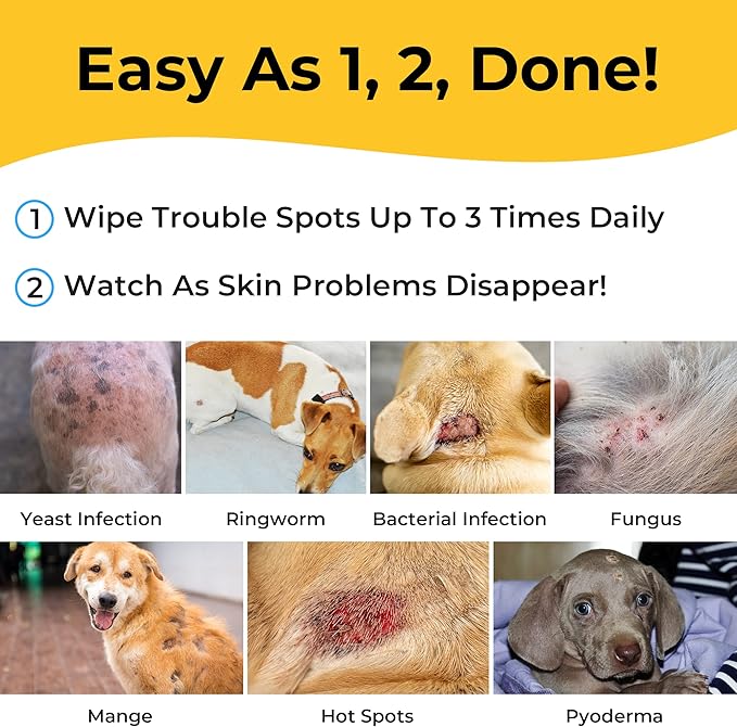 Smiling Paws Pets - Antibacterial & Antifungal Wipe for Dogs & Cats - Contains Ketoconazole & Chlorhexidine - Skin Treatment for Yeast Infection, Ringworm, Pyoderma, Bacteria & Fungus - 50ct (2 Pack)