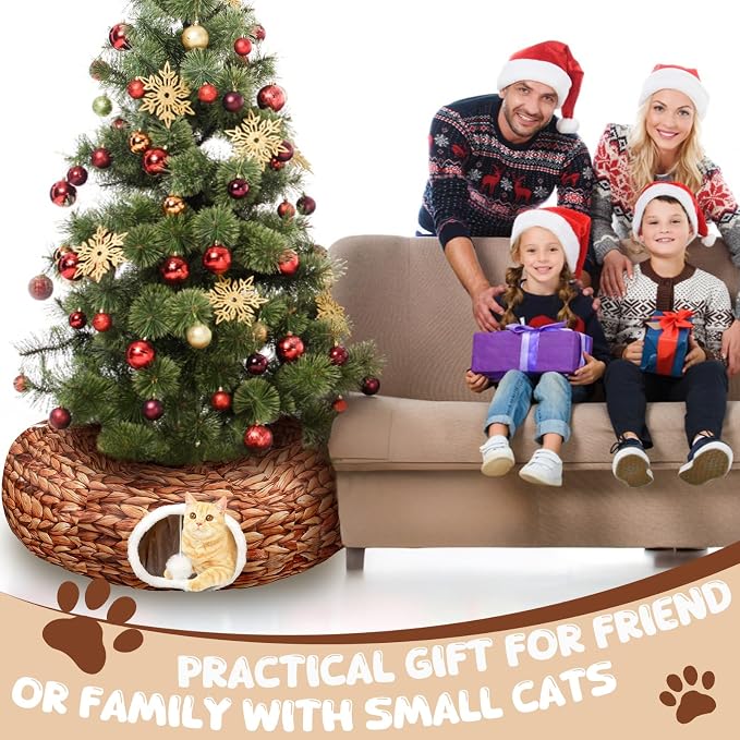 Soulchen Christmas Cat Tunnel Bed 3FT x 3FT x 9.8IN Indoor Cat Donut Tunnels Peekaboo Cave Toy 3 Way Winter Holiday Decor for Kitty Rabbit Ferret Puppy(Woven Brown)