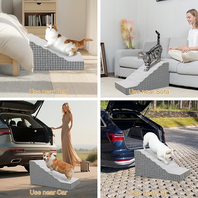 Pets Ramp for High Beds, Small Dogs & Senior Cats - Non-Slip Texture & Machine Washable Cover - Supportive Foam for Joint Comfort, Easy Climb for Couch, Sofa, Furniture (Gery)