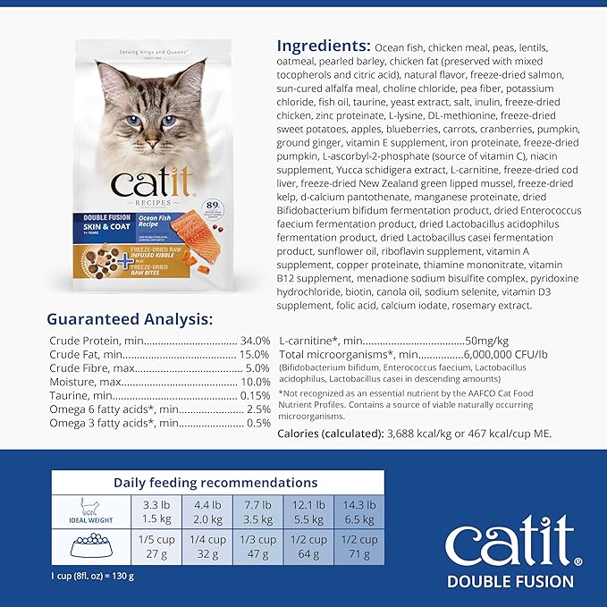 Catit Recipes Double Fusion Skin & Coat Cat Food – Ocean Fish Recipe, High-Protein, Freeze-Dried Raw Toppings, Omega-Rich for Healthy Skin & Fur, No by-Products, Minimally Processed, 10 lb