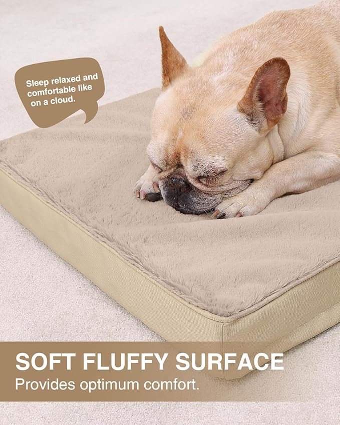 KSIIA Orthopedic Dog Bed Crate Waterproof Pet Mats for Small Dogs Deluxe Plush Washable Pet Bed with Egg Crate Foam & Removable Cover, 23 x 17 Inch, Khaki