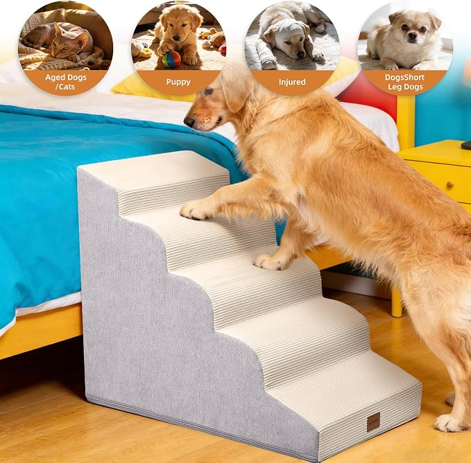 Dog Stairs for Large Dog, 22.6" H, 5-Step Pet Steps for High Bed Couch Sofa and Chair, Non-Slip Pet Ramp for Injured & Senior Pets with Washable Cover and Durable High Density Foam,Beige