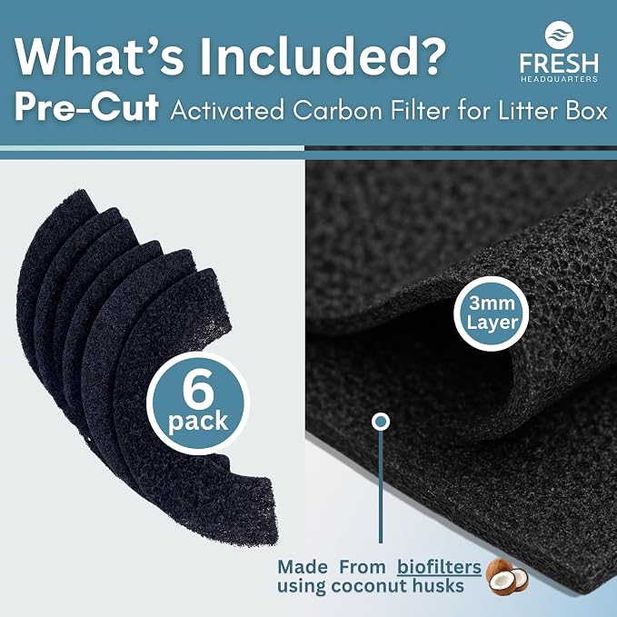 Fresh Headquarters Pre-Cut Activated Charcoal Filter - Compatible with Litter Robot 5, Evo and Litter Robot 4 Carbon Filters for Odor Control, Deodorizer & Dust Reduction Made in USA - 6-Pack