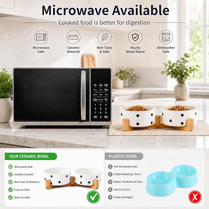 Petygooing Dog Bowls Ceramic, Cat Dog Bowl Set with Wood Stand for Food and Water,Non-Slip Cute Modern Pet Dishes for Cats Medium Size Dogs (28OZ/6.1 in) Black Dot