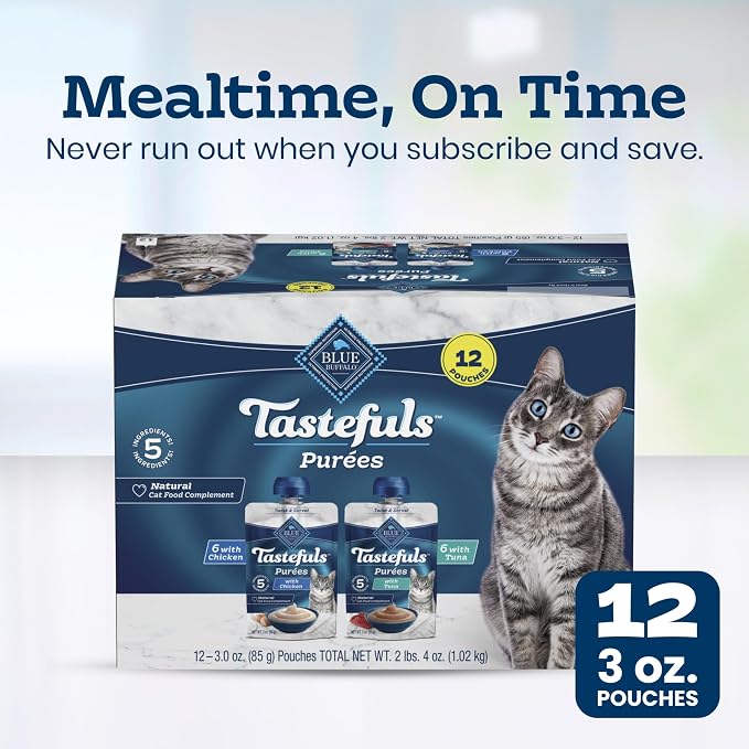 Blue Buffalo Tastefuls Beef Purées Natural Wet Cat Food Topper, Just 5 Ingredients Including Real Beef, All Life Stages, 3-oz. Resealable Pouches (12 Count)