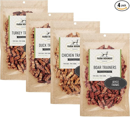 Farm Hounds - Trainers Bundle - Boar, Chicken, Duck & Turkey - Premium Natural Jerky for Dogs - Humanely Raised - Easy-Break - for Training & Treats - No Added Fillers - Made in USA - 4.5 oz - 4 Pack