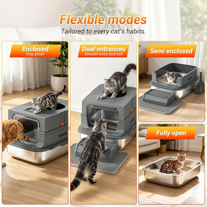 Cat Litter Box - Stainless Steel Litter Box with Lid for Large &Kitty,Enclosed Litter Box Includes Litter Scoop, Elevated Step Box, and Activated Carbon Pack, 23.6“ x 16.9” x 16", Dark Gray
